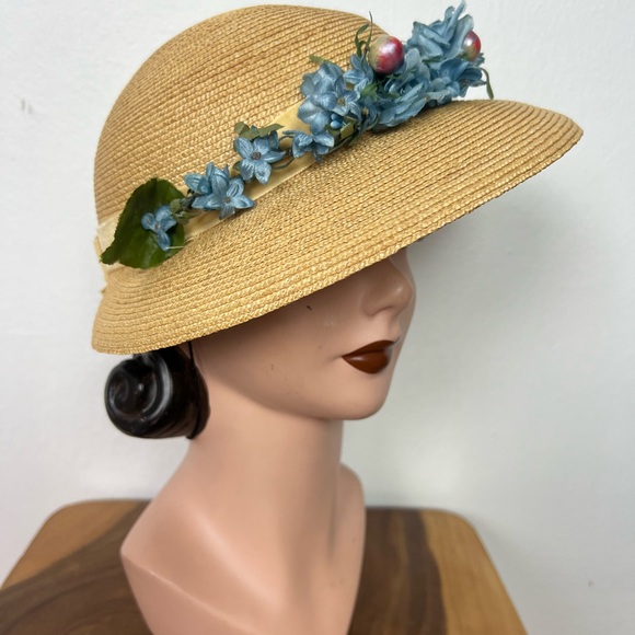 BLUE FLORAL 50’s 50s Cherries Berries & Pearls Vintage Straw Brimmed Sunhat Hat - Picture 9 of 16